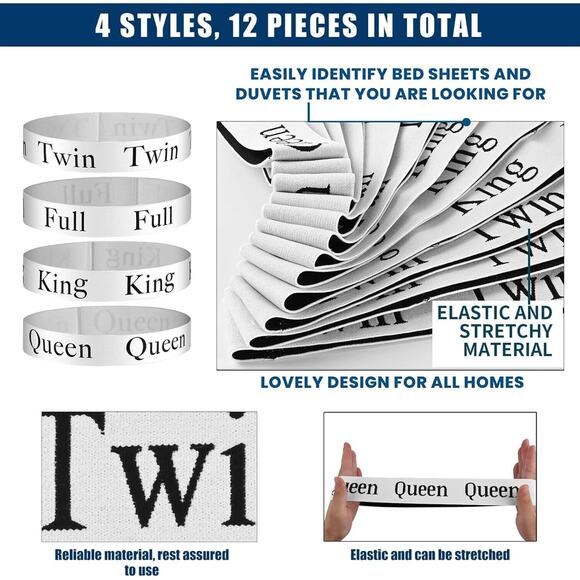 12 PC Bed Sheet Organizer Bands Storage Labels Keepers Linen Closet Straps Sizes - Picture 2 of 7